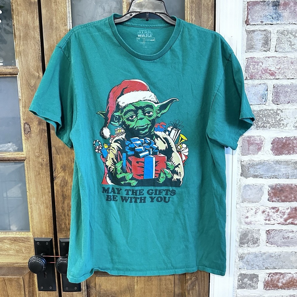 Star Wars Fifth Sun Tee Men Lg Green‎ Yoda Christmas May The Gifts Be With You